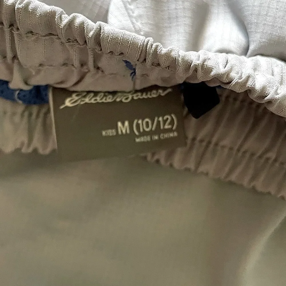 NWOT! Big Boys Eddie Bauer Grey and Blue Swim Trunks. Size Medium 8/10.